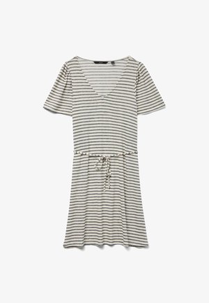 Robe à manches courtes rayée en tissu léger. Dotée d'un décolleté en V, d'une taille cintrée avec cordon de serrage, et de rayures noires et blanches alternées.