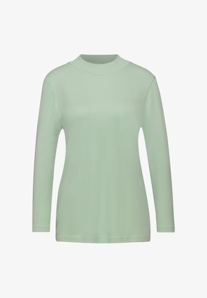 Top de manga larga verde claro, hecho de una tela suave con un cuello alto y un diseño ajustado, que cuenta con hombros sin costuras y un dobladillo recto.