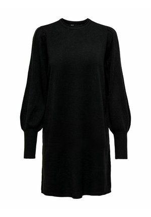 Schwarzes Strickkleid mit runden Ausschnitt, langen Puffärmeln und lässiger Silhouette. Glatte Textur mit subtiler Volumenausbildung an den Schultern.