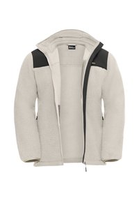 Giacca in pile di colore grigio chiaro con una superficie testurizzata, dettagli neri sulle spalle e chiusura con zip. Presenta un colletto alto e tasche frontali aperte.