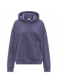 Felpa di cotone viola con cappuccio regolabile, tasca a marsupio e polsini a coste, caratterizzata da un sottile logo ricamato sul petto.