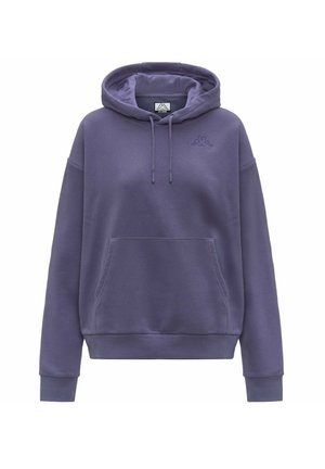 Felpa di cotone viola con cappuccio regolabile, tasca a marsupio e polsini a coste, caratterizzata da un sottile logo ricamato sul petto.