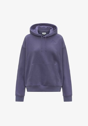 Felpa di cotone viola con cappuccio regolabile, tasca a marsupio e polsini a coste, caratterizzata da un sottile logo ricamato sul petto.