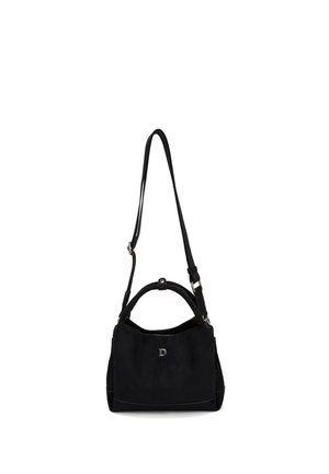 Borsa a tracolla in suede nero con tracolla regolabile, manici superiori arrotondati e piccolo logo "D" argentato sul davanti.