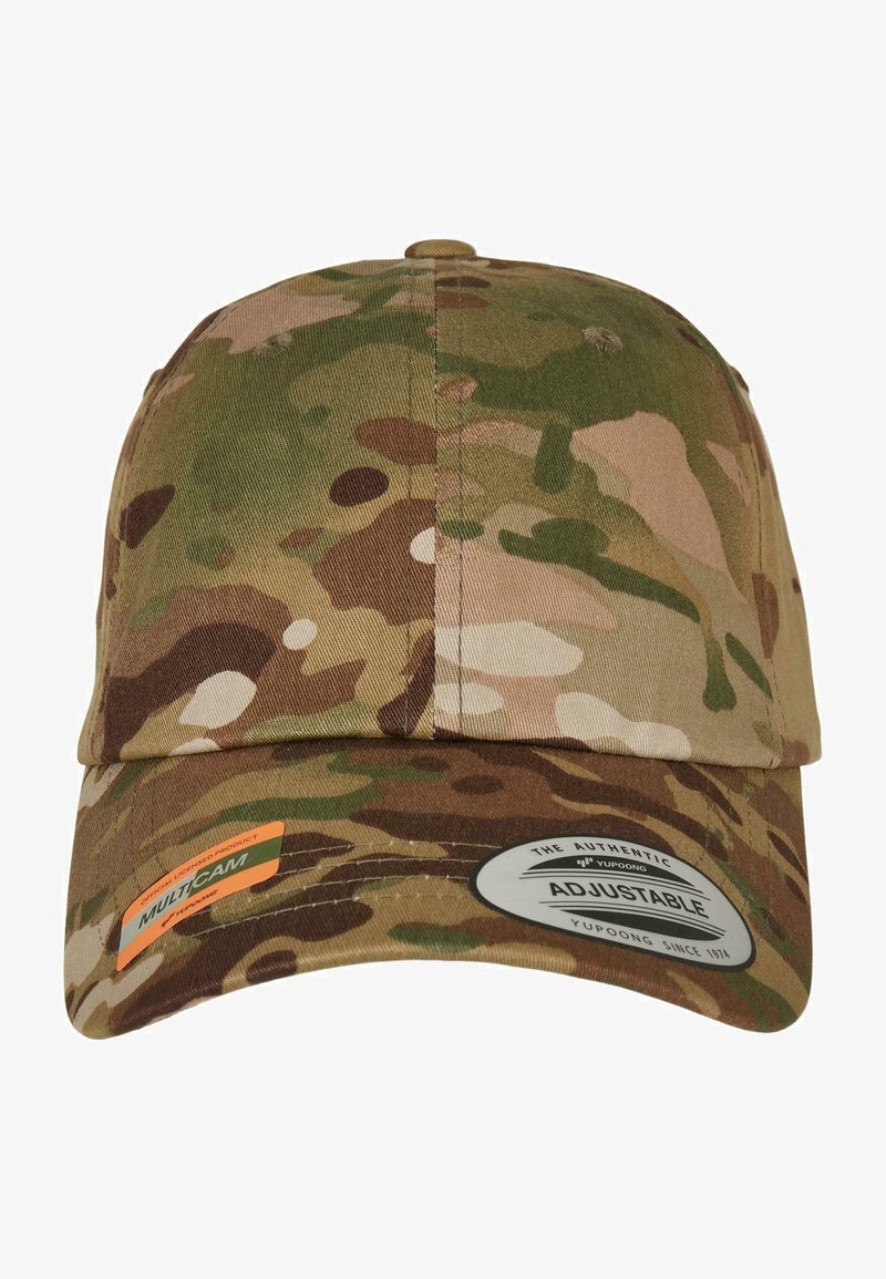 Multicam cap made of cotton, featuring a camouflage pattern in shades of green, brown, and tan. Adjustable strap with logo sticker.