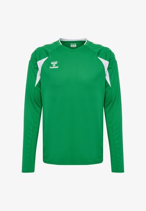 Groen sportshirt met lange mouwen en witte accenten op de schouders en zijkanten, met het hummel-logo op de borst.
