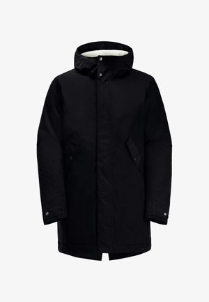 Black padded parka jacket with a fur-lined hood, two slanted side pockets, snap button closure, and a straight cut. Soft fabric texture.