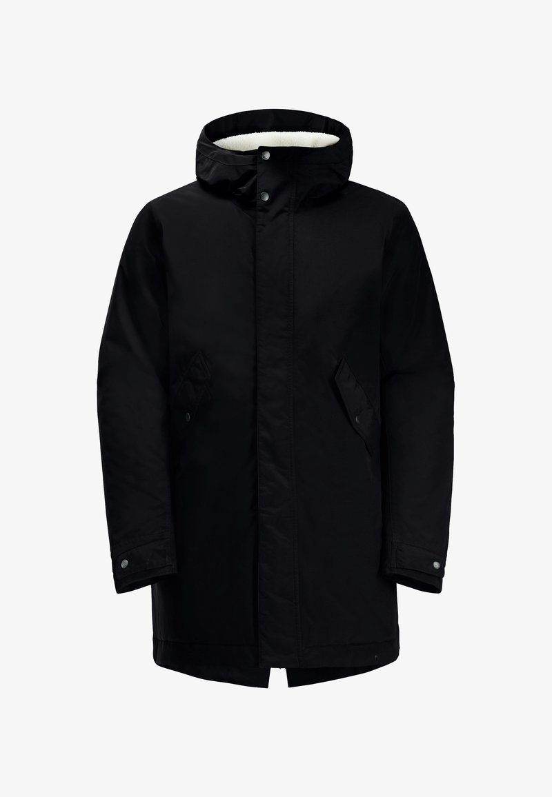 Black padded parka jacket with a fur-lined hood, two slanted side pockets, snap button closure, and a straight cut. Soft fabric texture.