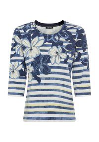 Gestreiftes und blumiges Langarmoberteil in Blau, Weiß und Gelb. Verfügt über einen runden Ausschnitt und florale Muster auf einem strukturierten Stoff.