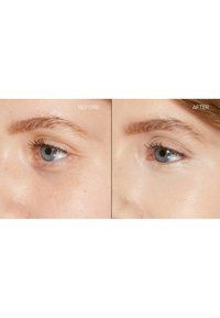 Close-up of two eyes, left labeled "BEFORE," featuring lighter skin tone and sparse brows. Right labeled "AFTER," shows fuller brows and brighter skin.