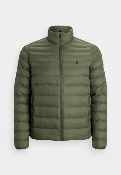 Olive green puffer jacket with a high collar, zip closure, and horizontal stitched pattern. Features a small logo on the left chest.