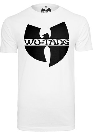 White cotton t-shirt featuring a large black Wu-Tang symbol and the text "WU-TANG" in bold black font beneath the logo.