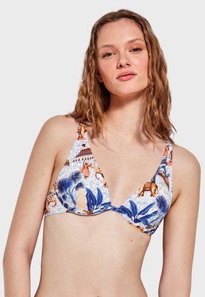 Top de bikini triangular con estampado tropical colorido, que presenta hojas de palma azules, elefantes y un fondo claro. Tirantes ajustables.