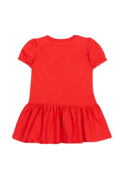 Robe courte à manches courtes rouge pour tout-petit avec un col rond, des manches bouffantes et un ourlet à volants froncés en bas.