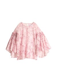 Rosa blomstret bluse med klokkeermet, plissert detaljer, rund hals og nøkkelhull på baksiden. Lett stoff med en teksturert finish.