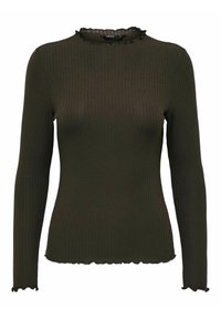 Olive green long-sleeve ribbed top with a scalloped collar and hem. Made of stretchy material, fitted design enhances silhouette.