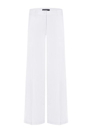 Witte broek met wijde pijpen, voorzakken, lussen voor een riem en een knoopsluiting onder het merklabel "Cambio" aan de tailleband.