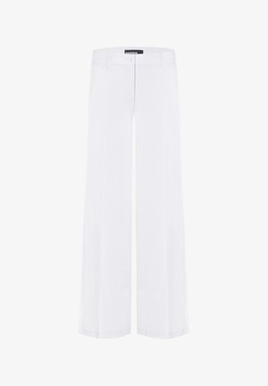 Witte broek met wijde pijpen, voorzakken, lussen voor een riem en een knoopsluiting onder het merklabel "Cambio" aan de tailleband.