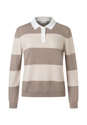 Beiger und cremefarbener, gestreifter Strickpullover mit langen Ärmeln, weißem, mit Knöpfen versehenem Polokragen sowie gerippten Bündchen und Saum.