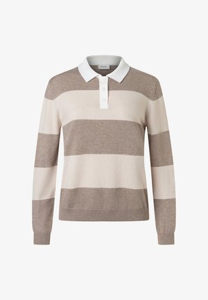 Long-sleeve beige and cream striped knit sweater with white buttoned polo collar and ribbed cuffs and hem.