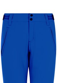 Blauwe broek van gladde stof met een getailleerd ontwerp, met twee voorzakken, een rits en twee zwarte knopen op de tailleband.