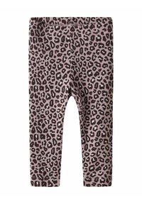 Leggings z leopardjim vzorom iz mehkega in raztegljivega materiala, ki imajo svetlo roza osnovo z temno rjavimi in črnimi pikami. Elastičen pas, dolžina do gležnjev.