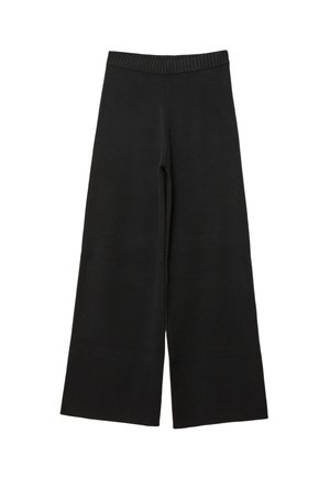 Schwarze weit geschnittene Hose mit einem gerippten Bund. Hergestellt aus einem weichen, glatten Stoff, mit einem unauffälligen, minimalistischen Design.