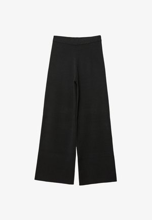 Schwarze weit geschnittene Hose mit einem gerippten Bund. Hergestellt aus einem weichen, glatten Stoff, mit einem unauffälligen, minimalistischen Design.
