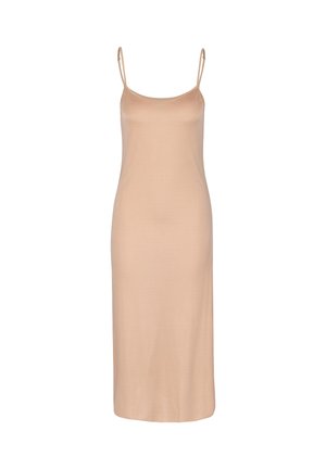 Beige sleeveless midi dress with thin adjustable spaghetti straps and a straight silhouette, suitable for casual or formal wear.