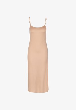 Beige sleeveless midi dress with thin adjustable spaghetti straps and a straight silhouette, suitable for casual or formal wear.