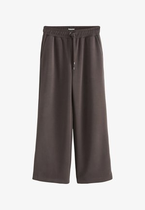 Wide-leg brown pants with elastic waistband and drawstring, featuring side pockets and a smooth fabric texture.