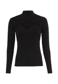 Svart långärmad topp med ribbat mönster, hög hals och korsad design framtill med utskärning vid bröstet. Normal passform.