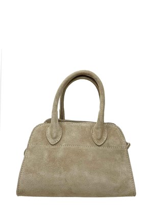 Borsa a mano in suede beige con due manici arrotondati, forma rettangolare, cuciture a vista e texture liscia. Nessuna hardware o dettagli visibili.
