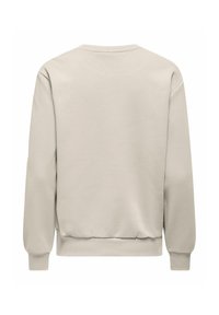 Sweat-shirt beige à manches longues avec col rond, poignets et ourlet côtelés, montré de dos sur fond blanc.