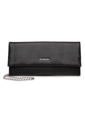 Black leather clutch purse with fold-over flap, silver chain strap, and "NeroGiardini" logo centered on front.