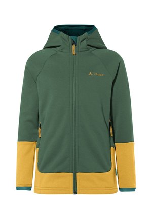 Giacca zip-up verde e senape con cappuccio, maniche lunghe, tasche laterali e logo VAUDE sul petto.