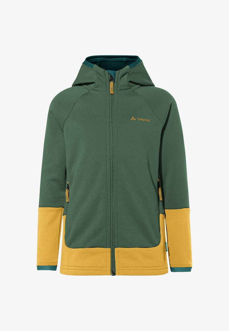 Casaco com capuz verde e mostarda, com fecho éclair, mangas longas, bolsos laterais e logótipo VAUDE no peito.