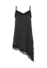 Robe nuisette en satin noir à pois blancs, bordure en dentelle le long du décolleté et ourlet asymétrique, avec fines bretelles réglables.