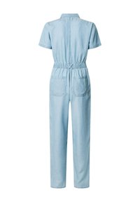 Light blue denim jumpsuit with short sleeves, elastic waist, and two back pockets. Features a collar and straight-leg design.