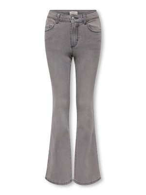 Jean gris taille haute évasé avec bouton et fermeture éclair à l'avant, poches avant et arrière, et passants de ceinture, posé à plat sur fond blanc.