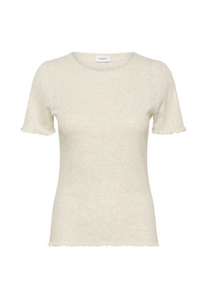 Hellbeiges Strick-T-Shirt mit kurzen Rüschenärmeln, rundem Ausschnitt und dezenten, vertikal verlaufenden Strukturdetails im Stoff.