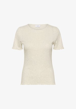 Hellbeiges Strick-T-Shirt mit kurzen Rüschenärmeln, rundem Ausschnitt und dezenten, vertikal verlaufenden Strukturdetails im Stoff.
