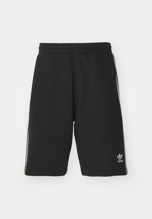Black shorts made of cotton blend material with an elastic waistband, featuring white side stripes and a small logo on the lower left.