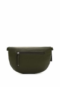 Borsa in pelle verde oliva dalla forma arrotondata, con tasca frontale con zip, texture liscia e dettagli di cucitura delicati.