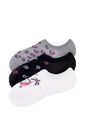 Tres pares de calcetines invisibles en gris con manchas de leopardo rosas, negro con estrellas blancas y rosas, y blanco con un diseño en rosa y púrpura.