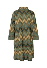 Manteau à manches longues avec un motif en zigzag dans des tons verts, beiges et bruns, présentant un col et des manches à revers, vu de dos.