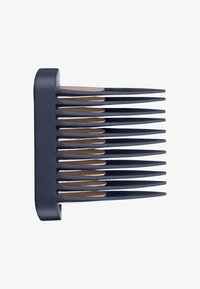 Peine de plástico navy con dientes afinados, que presenta una base rectangular y acentos metálicos dorados en dientes alternos. Textura suave.