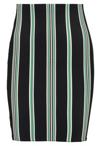 Černá tužková sukně s vertikálními pruhy v zelené, bílé a růžové barvě. Žebrovaná textura s těsným siluetou. Žádné viditelné detaily s hardwarem.