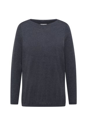 Top de manga larga y cuello redondo en tejido gris oscuro. Diseño sencillo con una textura suave y un ajuste relajado. Sin patrones ni adornos visibles.