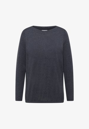Långärmad, rundhalsad topp i mörkgrått tyg. Enkel design med en mjuk textur och avslappnad passform. Inga synliga mönster eller dekorationer.